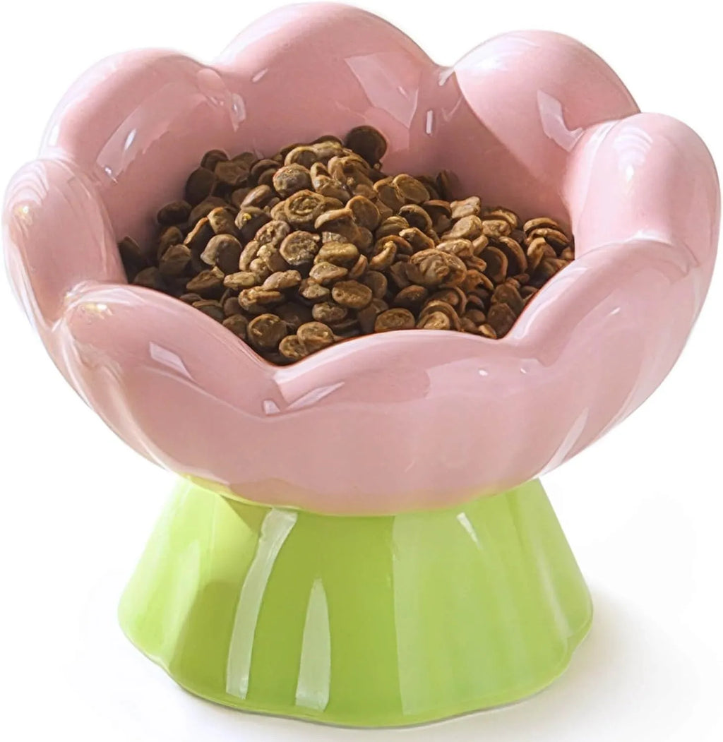 Ceramic Raised Cat Bowl Shallow Wide Flower Design Anti-Vomiting And Whisker Fatigue Non-Slip Tilted 15-Degree Angle Cute Cat Food And Water Bowls For Indoor Cats Pink