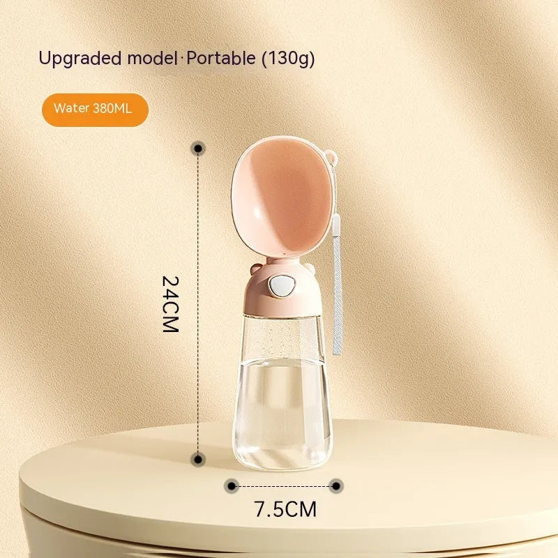 Portable dog water bottle and food container in yellow, pink, and brown colour options.