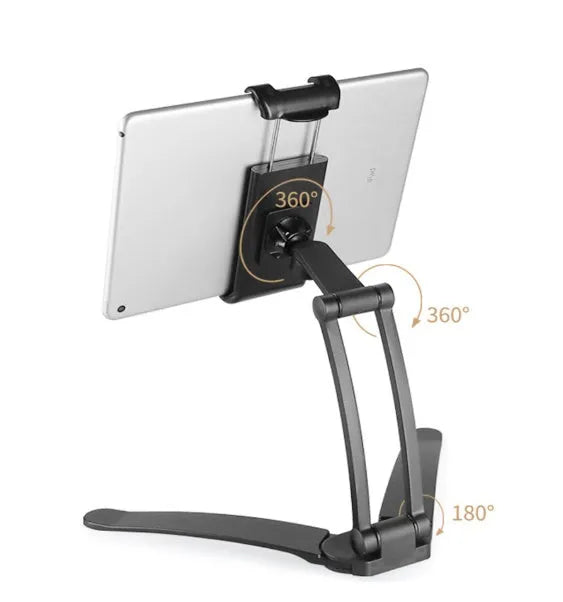 Silver aluminium alloy tablet stand with white mount and adjustable clip on a desktop