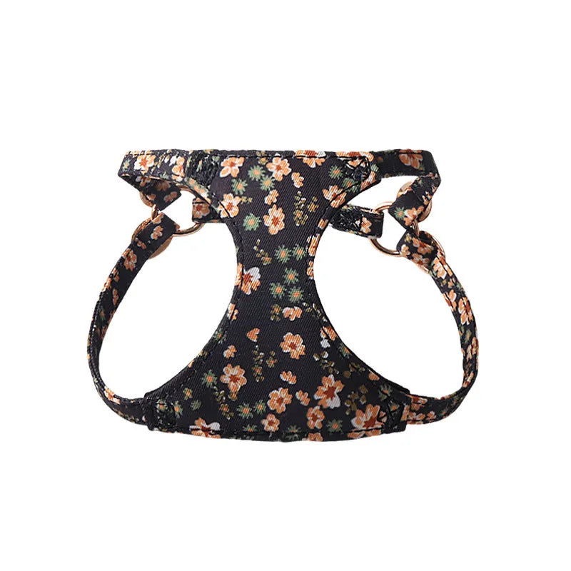 Floral pattern pet harness suit with matching leash in cloth material showing size options