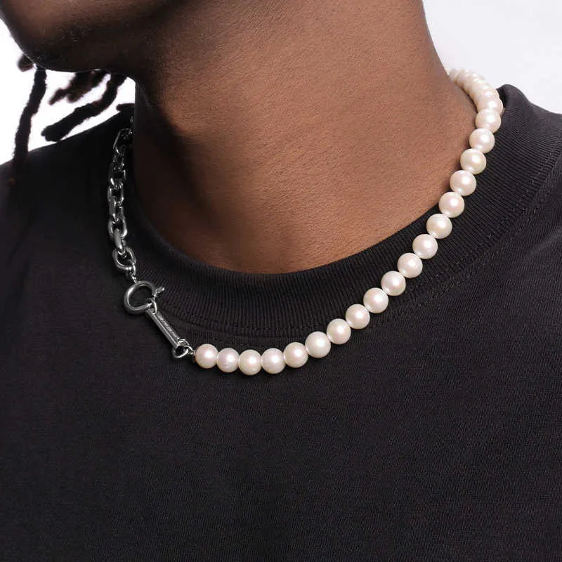 Men's natural pearl necklace with titanium steel chain white 8mm width 45cm length