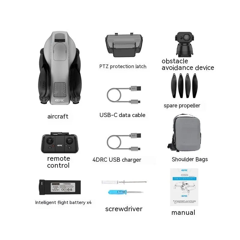 White folding quadcopter drone with obstacle avoidance sensors and 4K camera shown with remote and shoulder bag