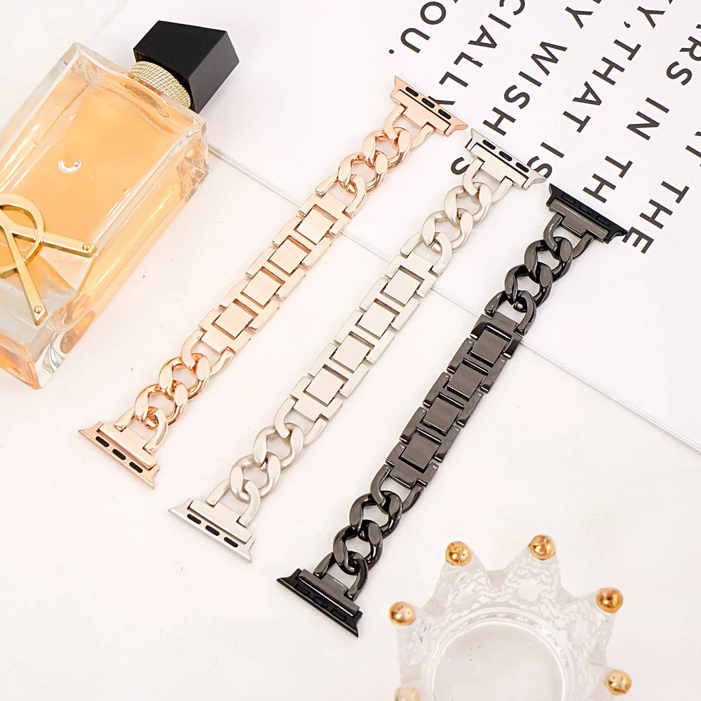 Denim chain link metal Apple Watch replacement strap in silver, black, gold, rose gold, and Starlight colours.