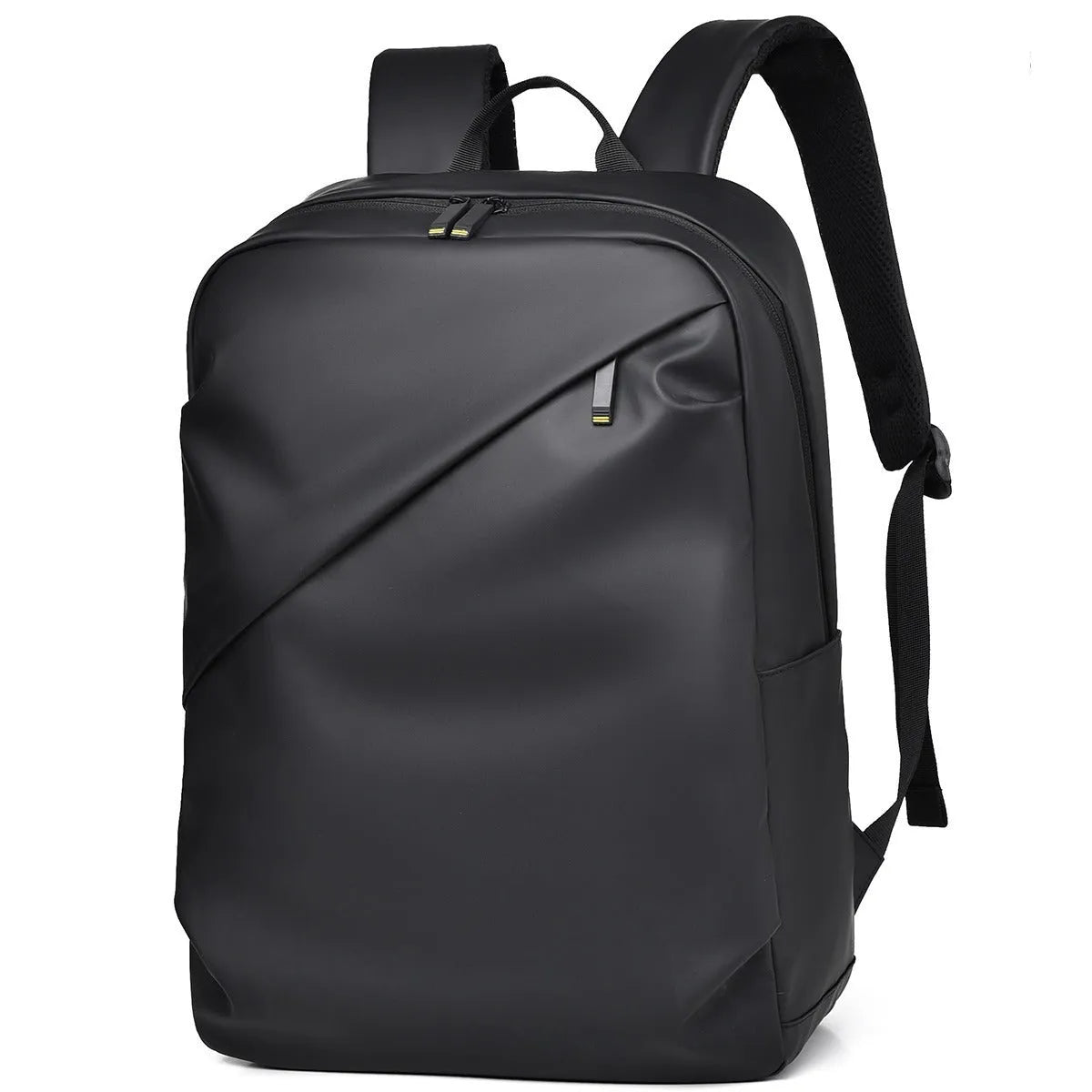 Waterproof black PU leather backpack with sewing thread details and large capacity storage