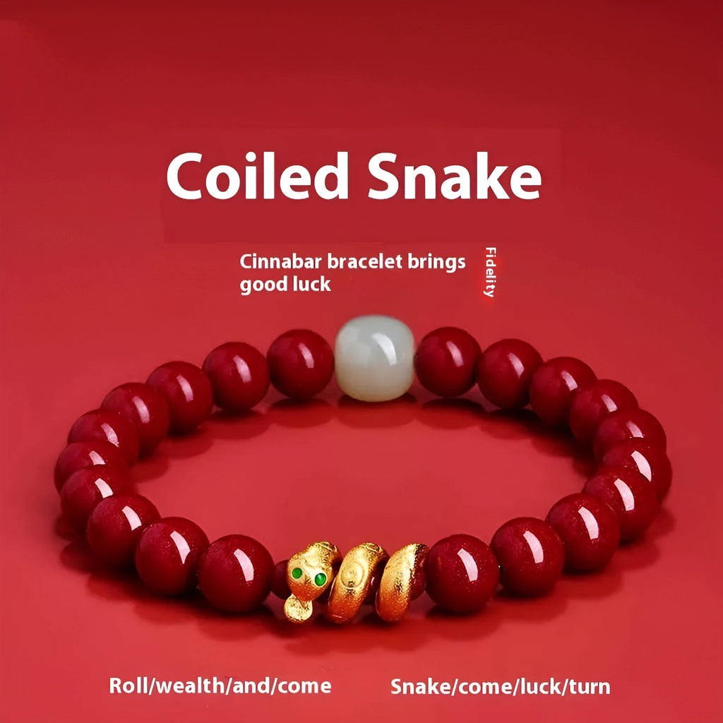 Handmade cinnabar snake zodiac bracelet with roll beads, shown in Chinese style.