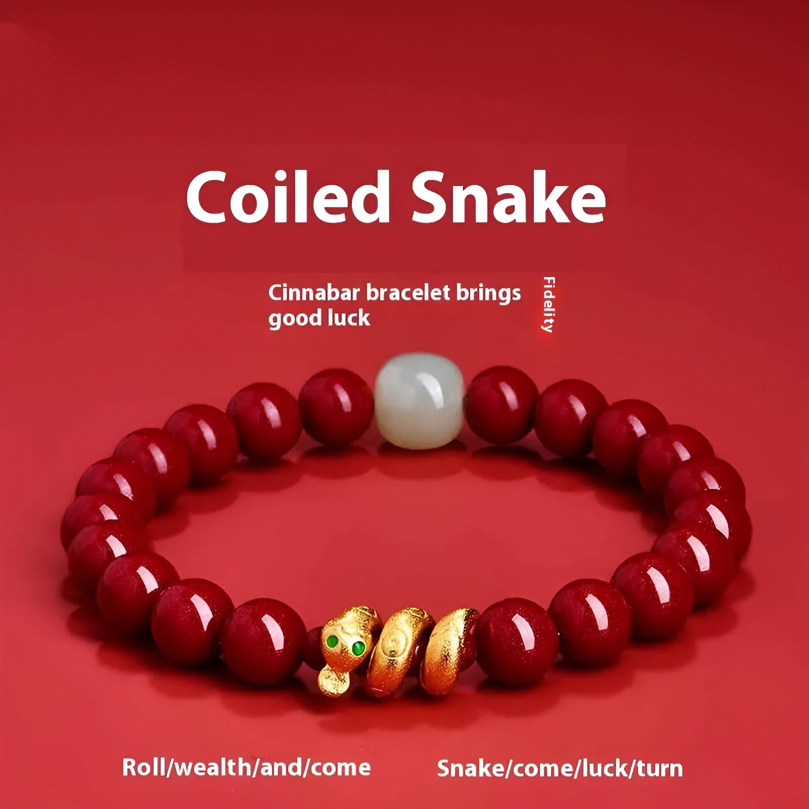 Handmade cinnabar snake zodiac bracelet with roll beads, shown in Chinese style.