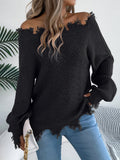 White hollow-out cut-off shoulder pullover sweater with long sleeves on hanger