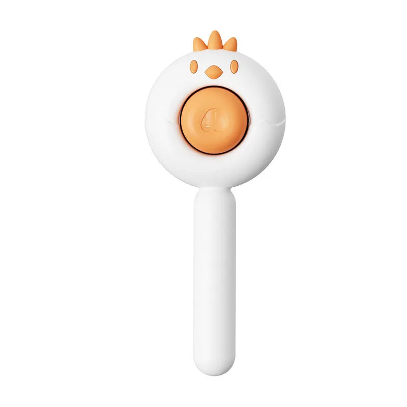 Purple pet grooming brush with stainless steel bristles and a one-button self-cleaning mechanism on a white background.