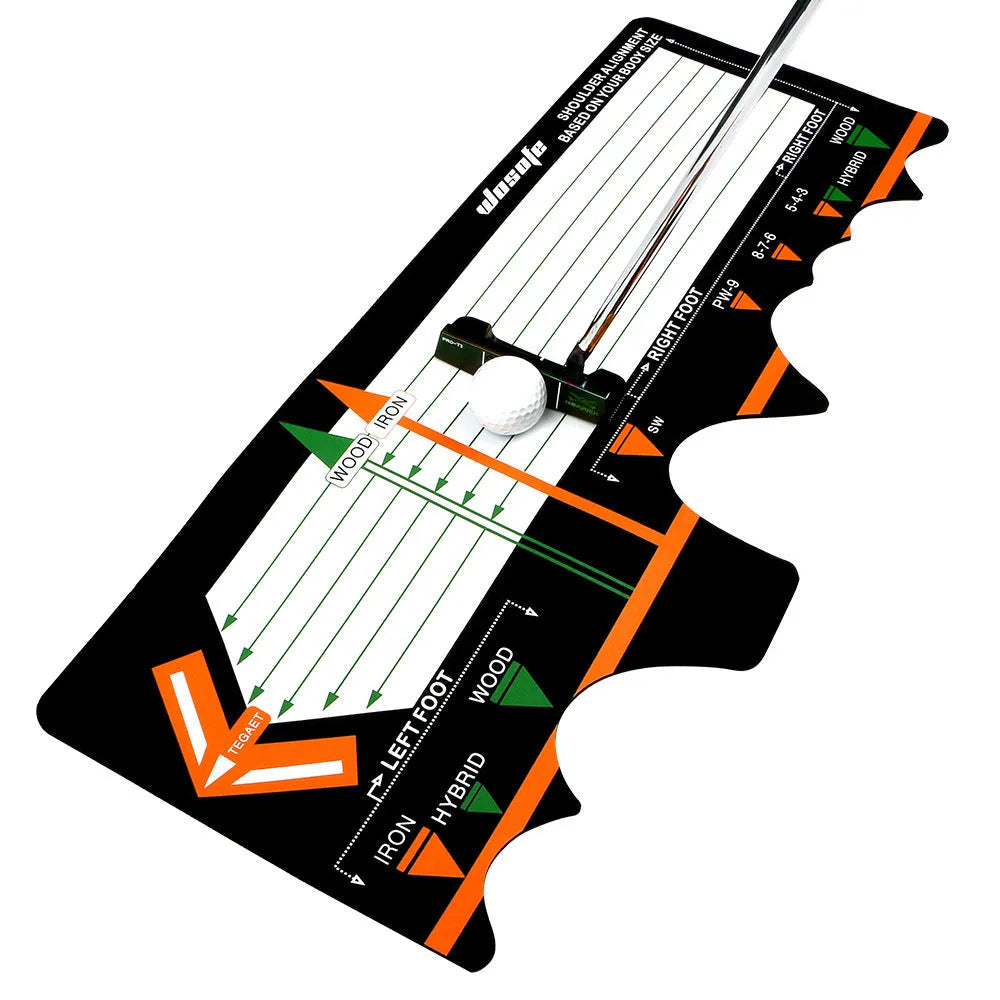 Black neoprene golf swing posture correction pad on a green surface
