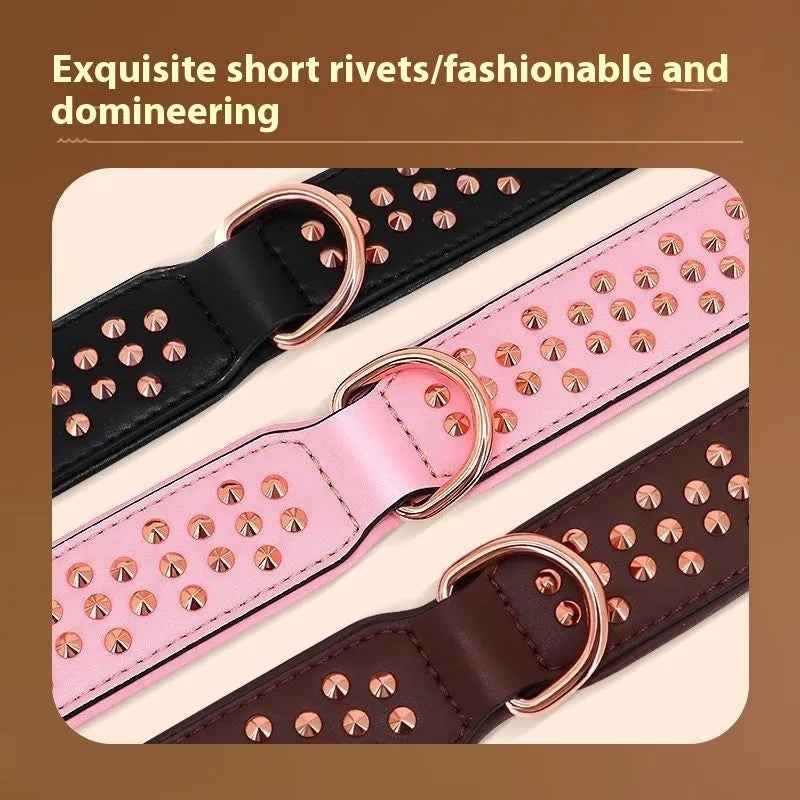 Leather dog collar with metal anti-bite rivets in black, chocolate, or pink colour options.