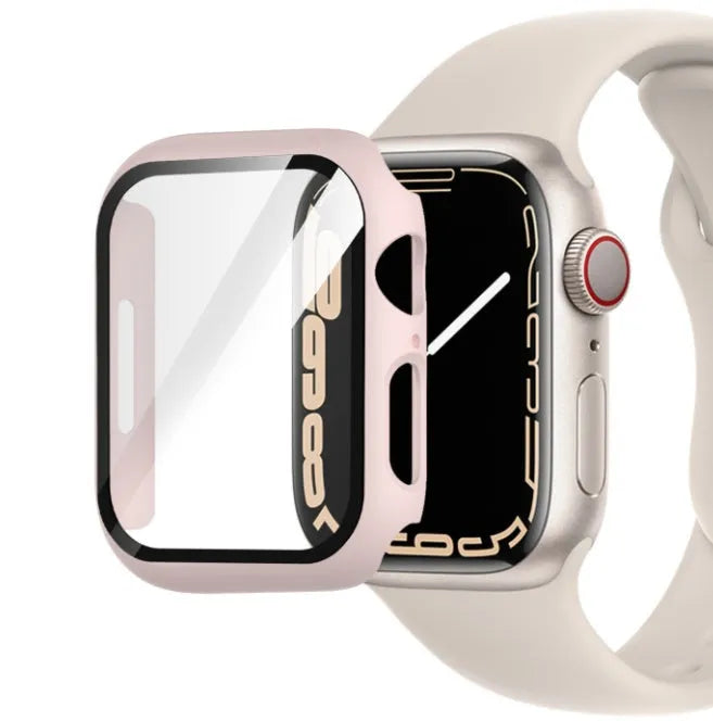 PC tempered film watch case in multiple colours including transparent, leopard print, and carbon fibre patterns for Apple Watch.