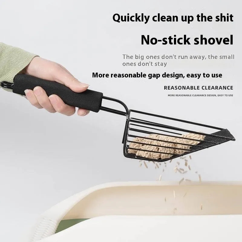 Black metal alloy cat litter scoop with 0.8cm wide sifting slots and an ergonomic handle.