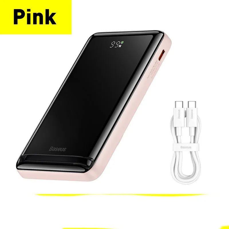 Slim blue magnetic wireless power bank showing compact dimensions and charging cable