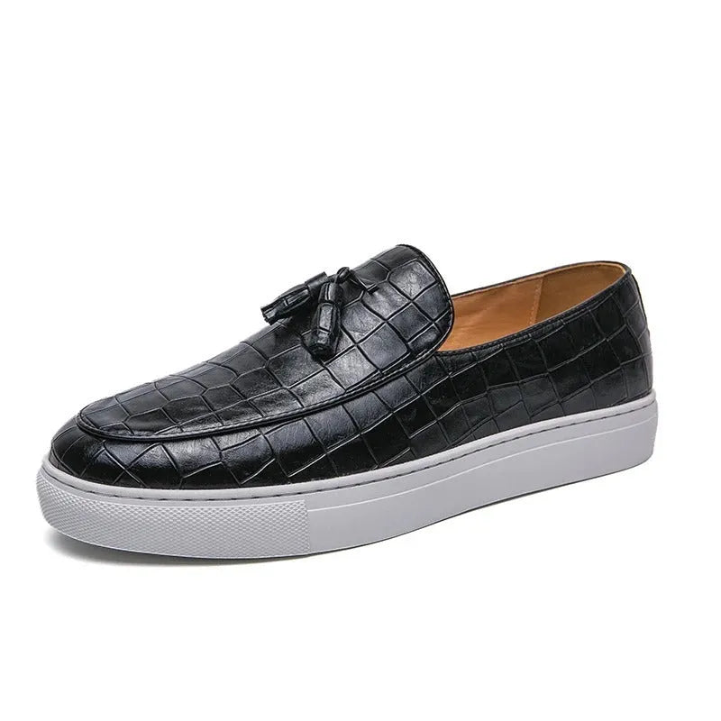 Men's black business casual sneakers with tassel detailing on artificial PU upper and rubber sole