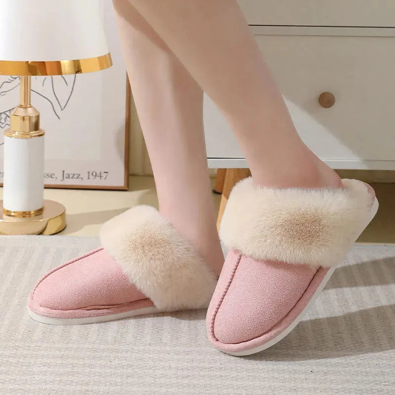 Women's brown plush slippers with round toe, flat heel, and anti-slip PVC sole.