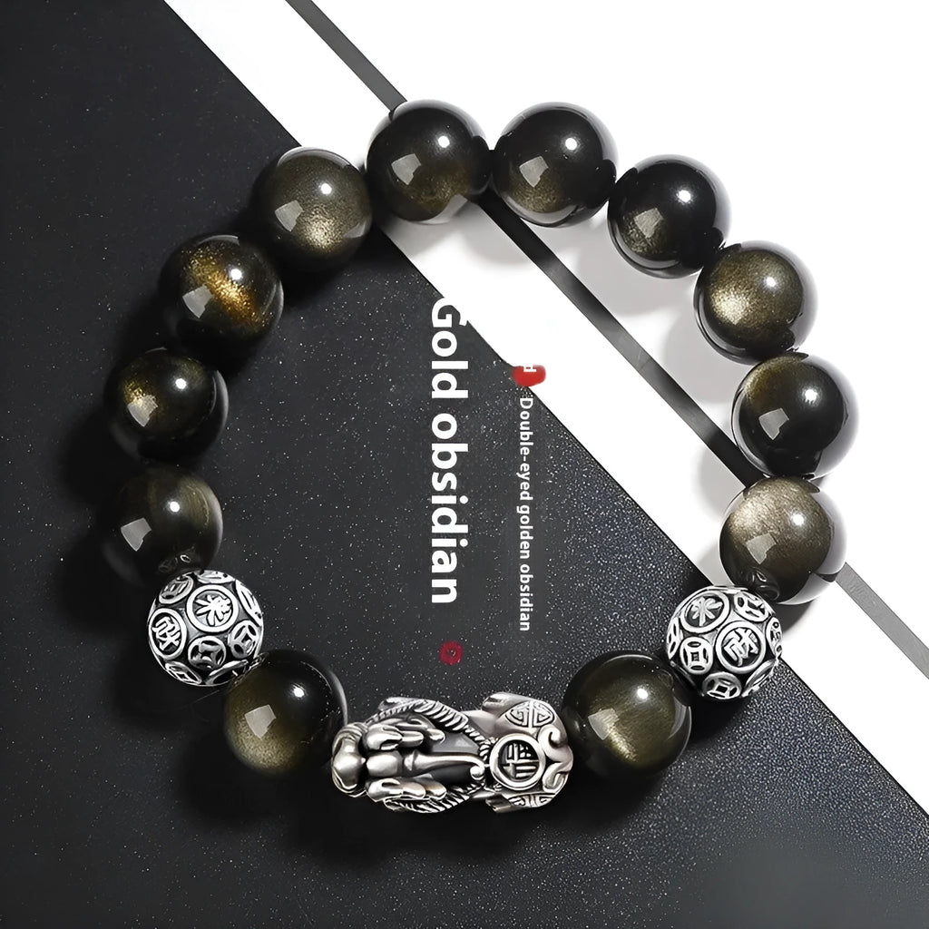 S999 silver natural obsidian bracelet for men, 12mm beads, polished geometric shape
