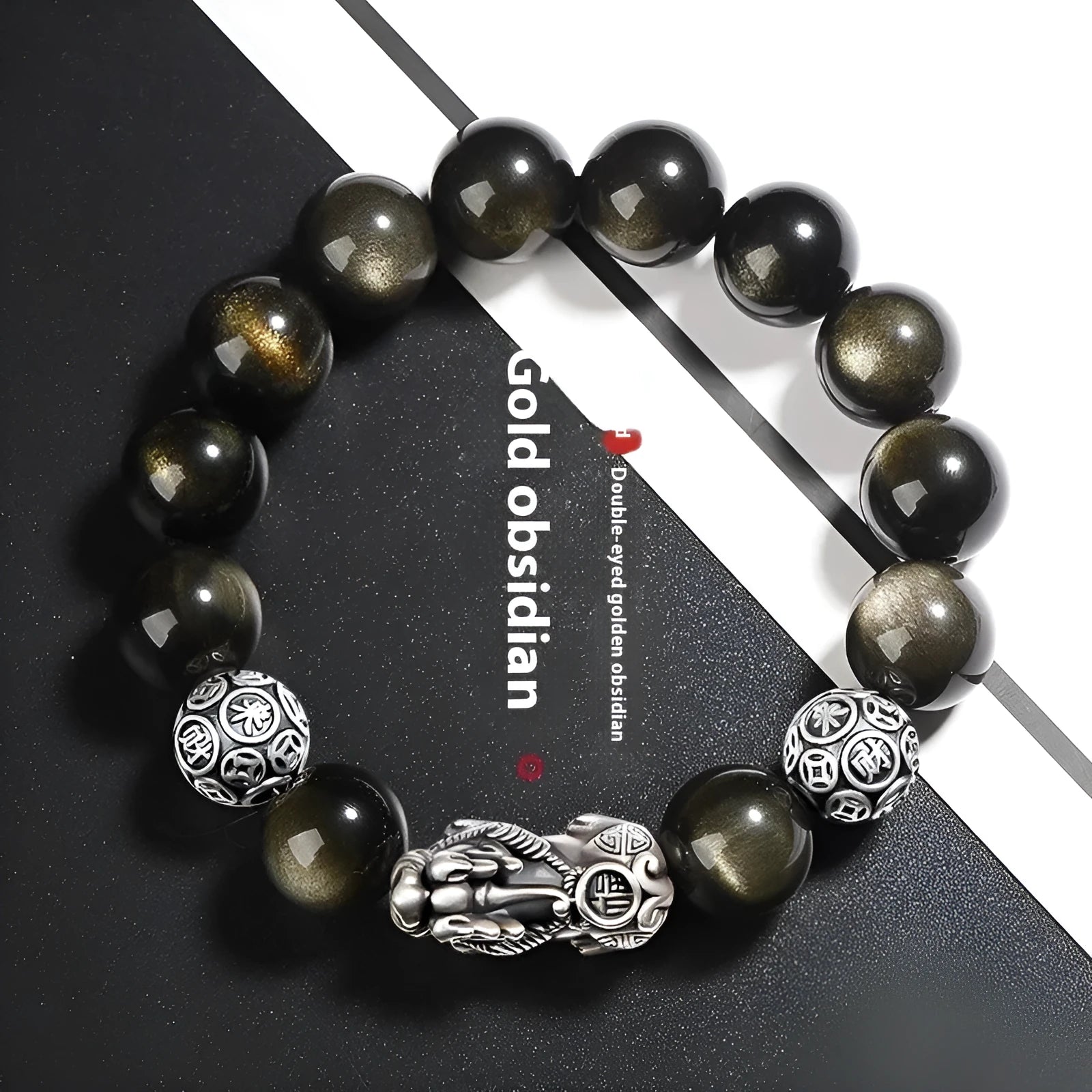 S999 silver natural obsidian bracelet for men, 12mm beads, polished geometric shape