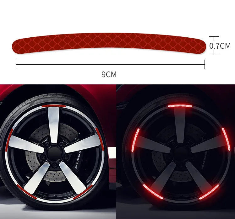 20-piece set of arc-shaped PVC reflective stickers for car wheel hubs in multiple colour options