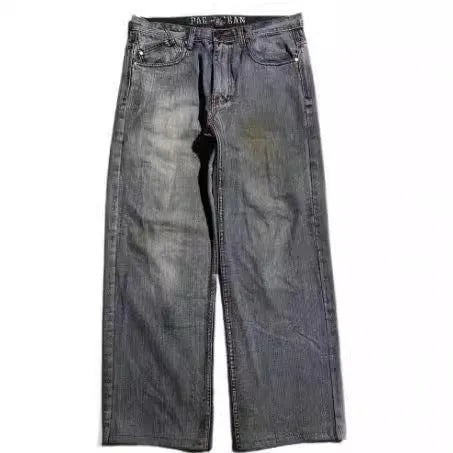 Men's grey washed-out denim jeans with wide-leg workwear design and straight-leg style