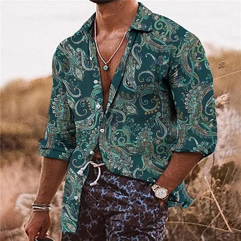 Men's loose fit Bohemian shirt with 3D floral digital printing in polyester fabric