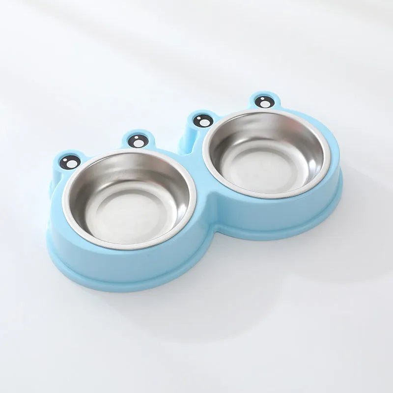 Stainless steel pet double bowl with frog design in blue, for food and water