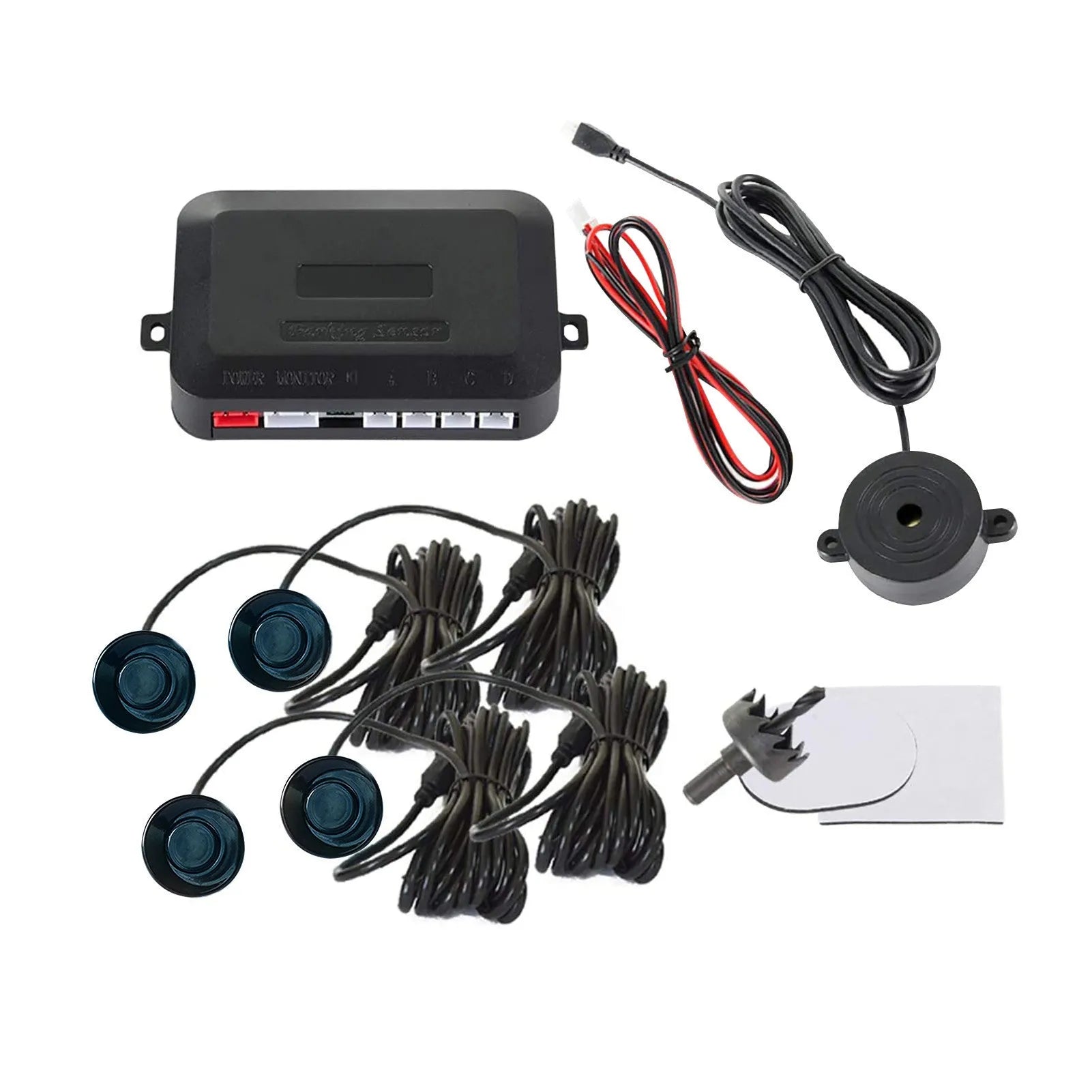 4-probe car reversing radar kit with sensors, command module, and installation tools