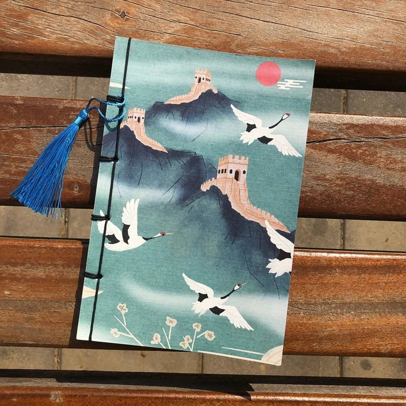 A5 antique wire-bound notebook with retro Chinese painting design on glossy embossed cover