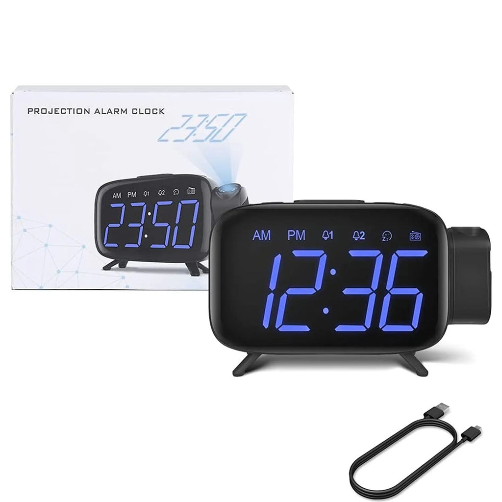 Multifunctional digital projection alarm clock with LED large screen, black, showing time and projection feature