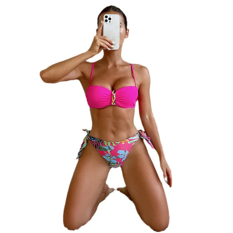 Rose red women's bikini swimsuit with braid rope design on polyester fabric