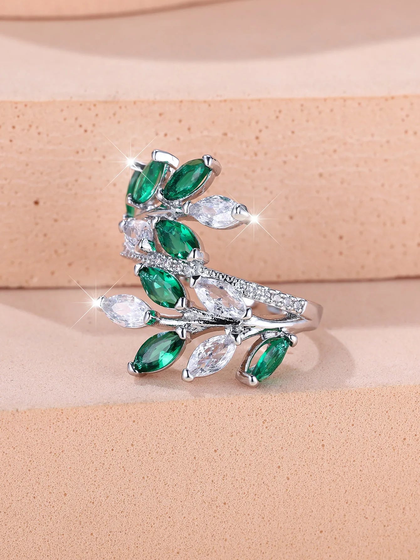 Adjustable horse eye zircon leaf fashion ring in copper with multiple colour options