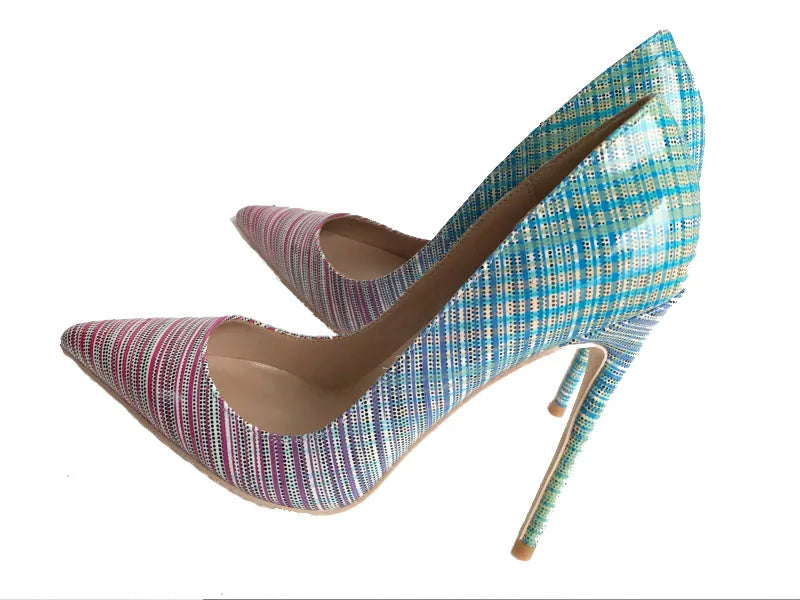 Pink blue gradient patent leather ladies high-heel shoes with pointed toe and thin heel.