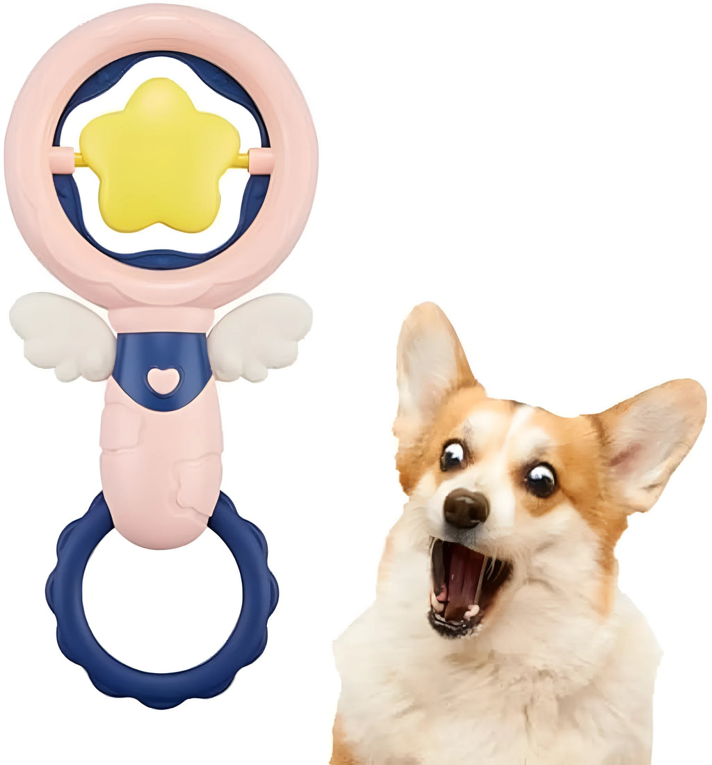 Pink durable dog chew toy with squeaker for large breeds, showing dental cleaning texture and anti-swallow ring design