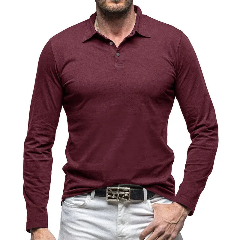 Men's dark grey long sleeve polo collar cotton t-shirt shown front on, American retro style.