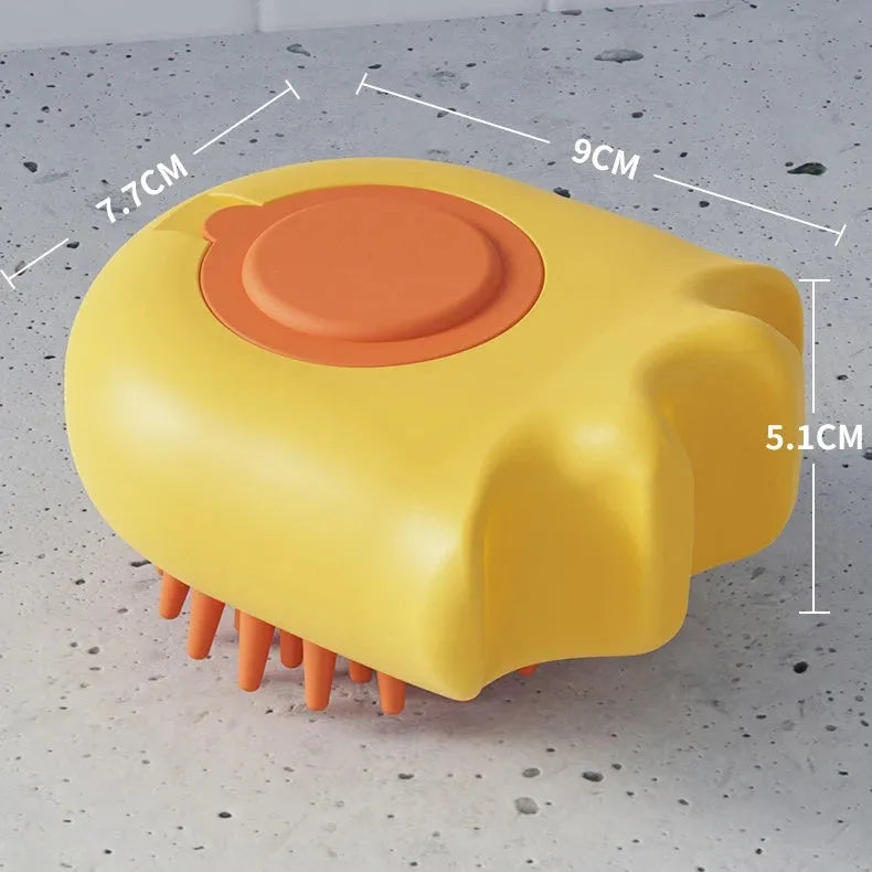 Blue pet bath brush with massage comb head and integrated shampoo box for washing dogs and cats.