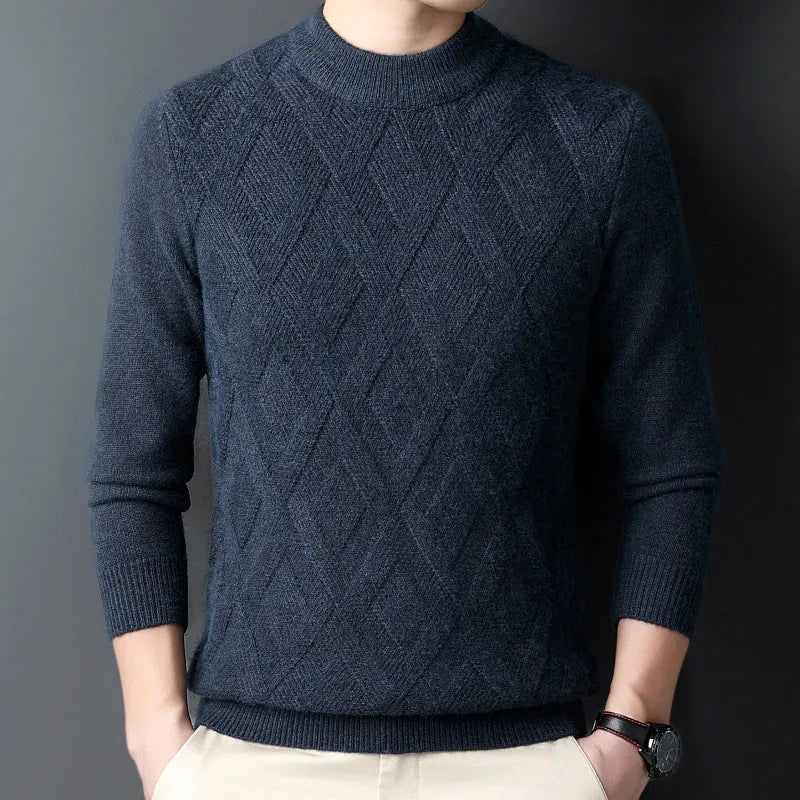 Men's thicken thermal diamond jacquard pullover sweater in light camel colour