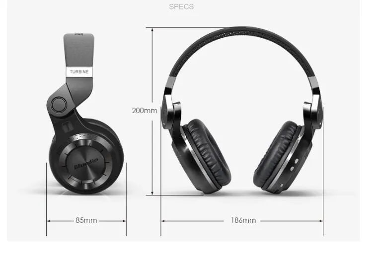 Blue String T2 over-ear Bluetooth headset in black with rotary folding metal design.