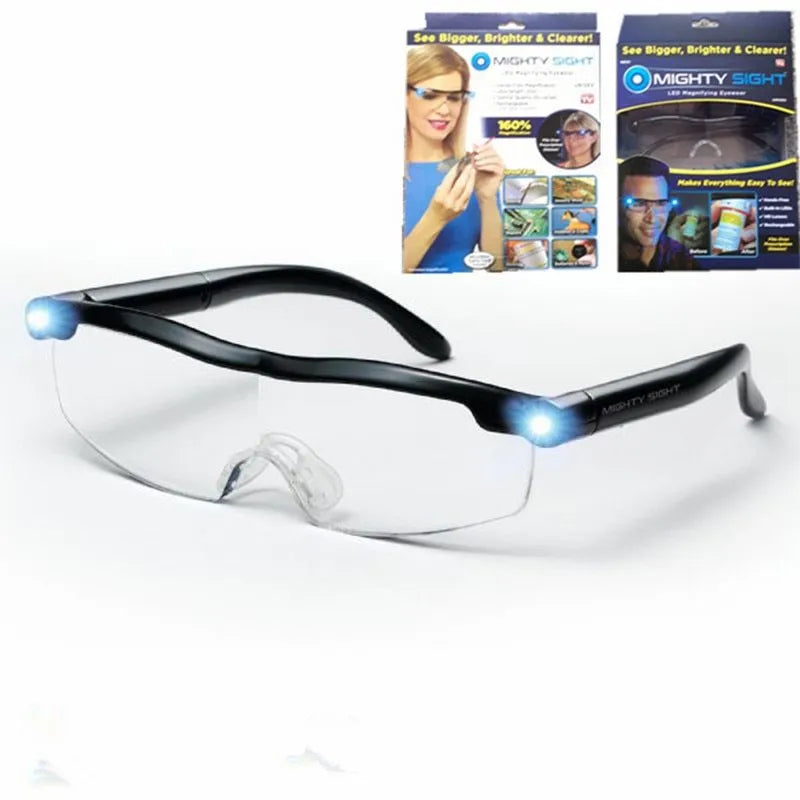 Transparent black USB LED reading glasses with integrated light