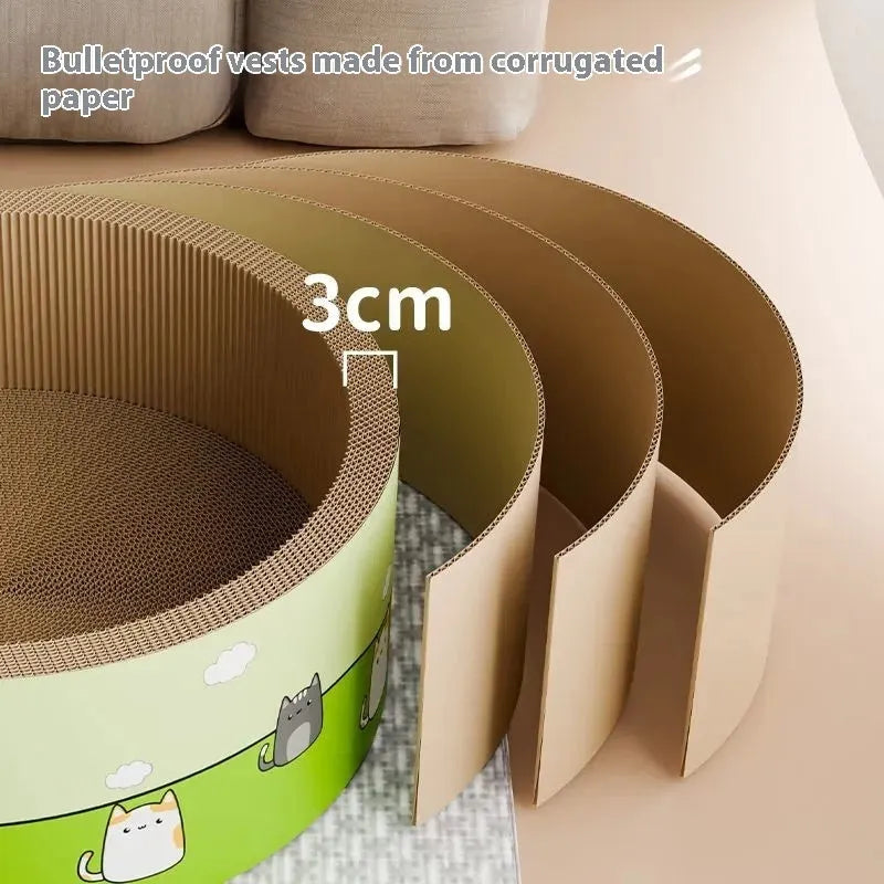 Round cat scratch board with deep circular pits made from corrugated paper