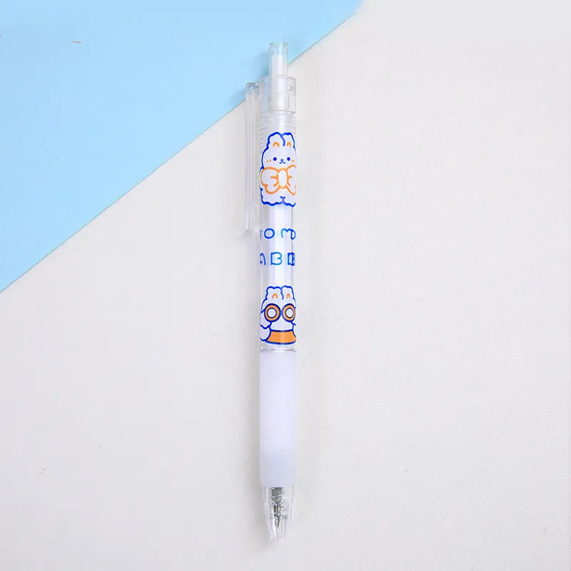 Six animal-themed press pen knives showing orange bear, doll bear, and rabbit designs with plastic and metal construction