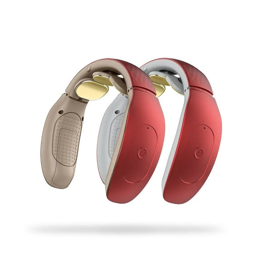 Small red or white intelligent cervical massager unit with battery, for neck, back and leg relief.