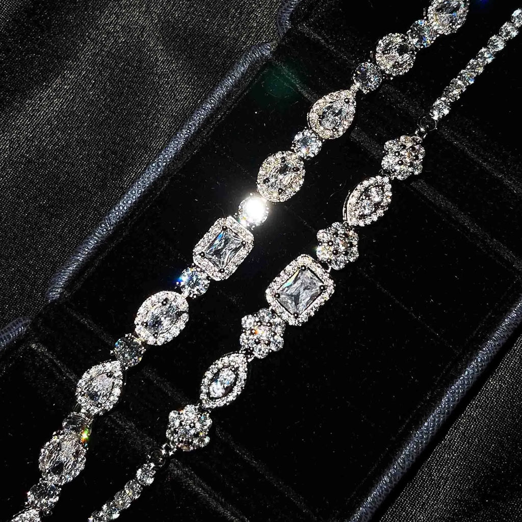 Women's sterling silver-plated bracelet with zircon stones in geometry design, shown in two size options