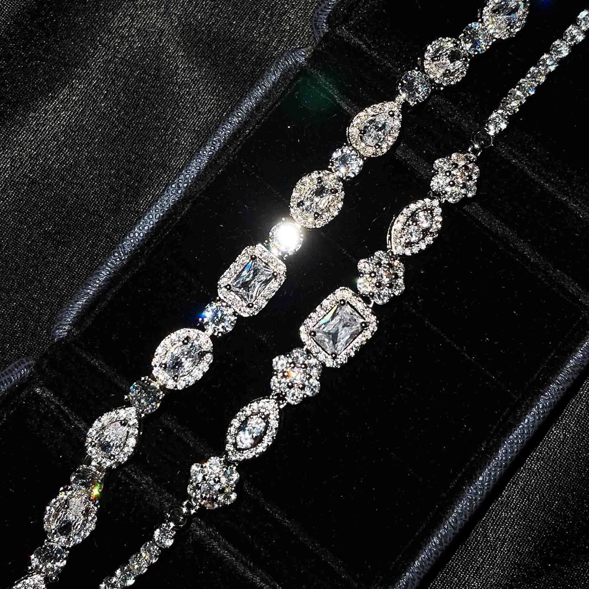 Women's sterling silver-plated bracelet with zircon stones in geometry design, shown in two size options