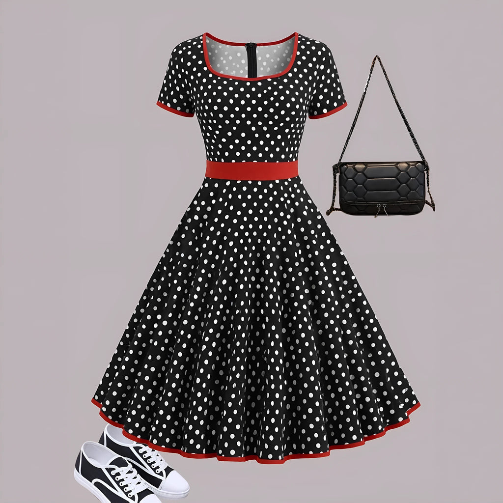 Multicolour polka dot dress with square collar, short sleeves, zip fastening, and pleated midi skirt