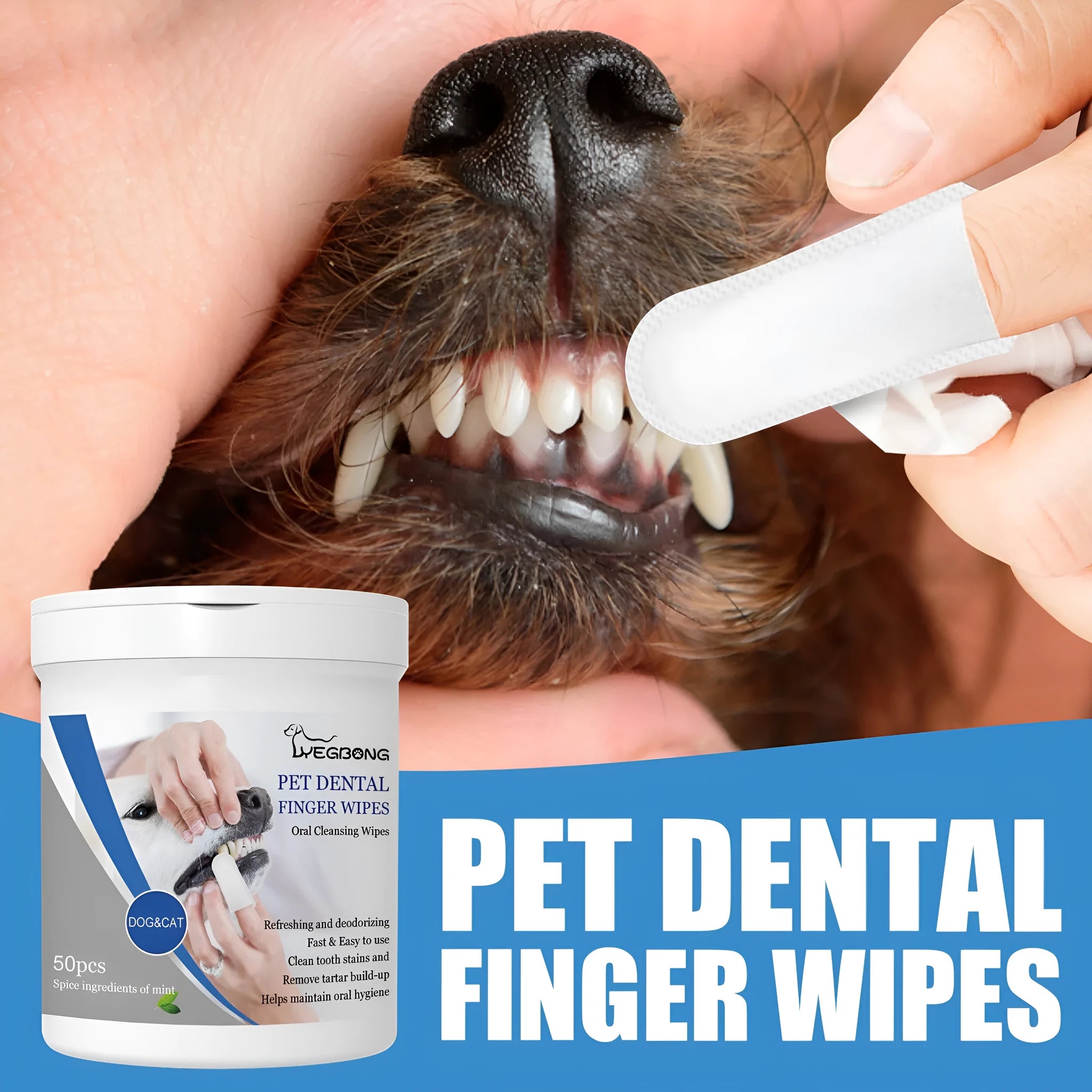Can of 50 dog teeth cleaning finger wipes with finger stall for oral care