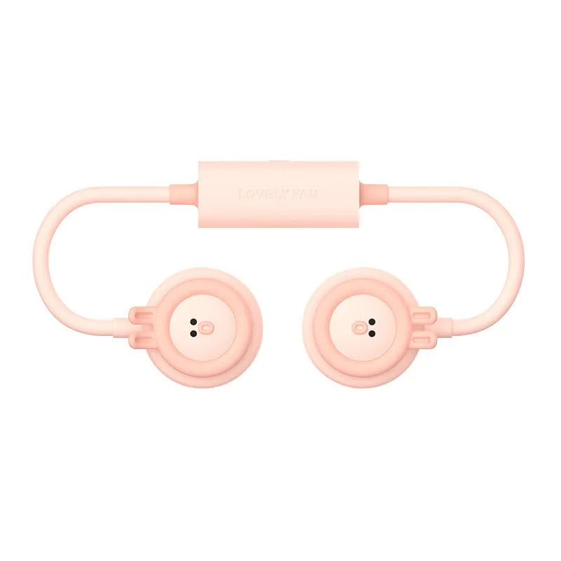 Sanhuo leafless hanging neck fan in pink folded position showing USB port