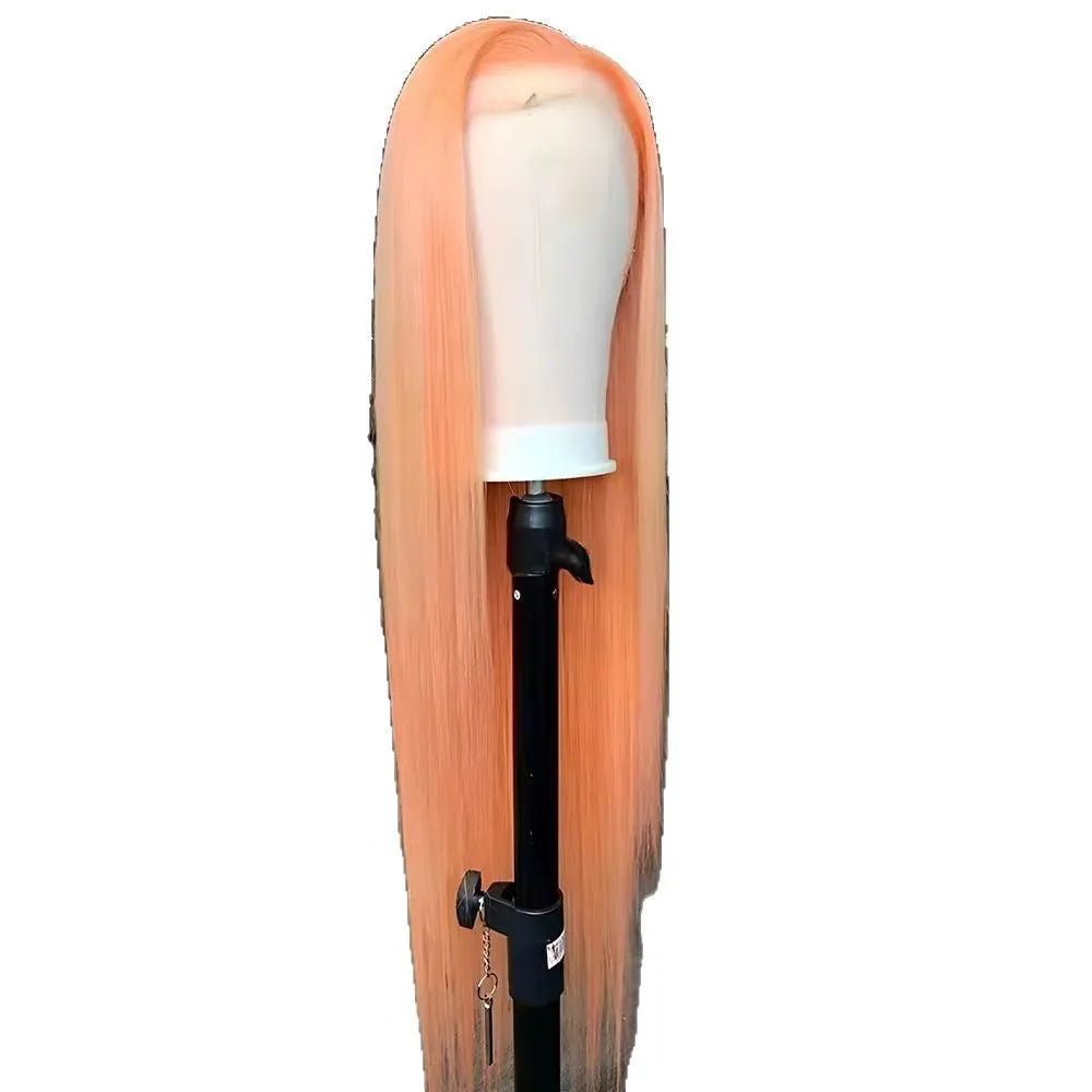 Light orange long straight synthetic wig with front lace and side bangs on a wig stand.
