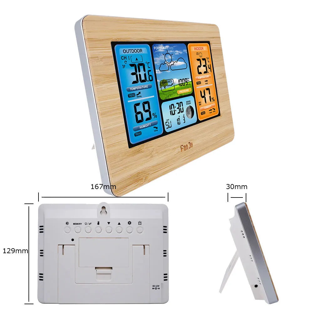Rectangular plastic weather station with LCD display showing temperature and weather information