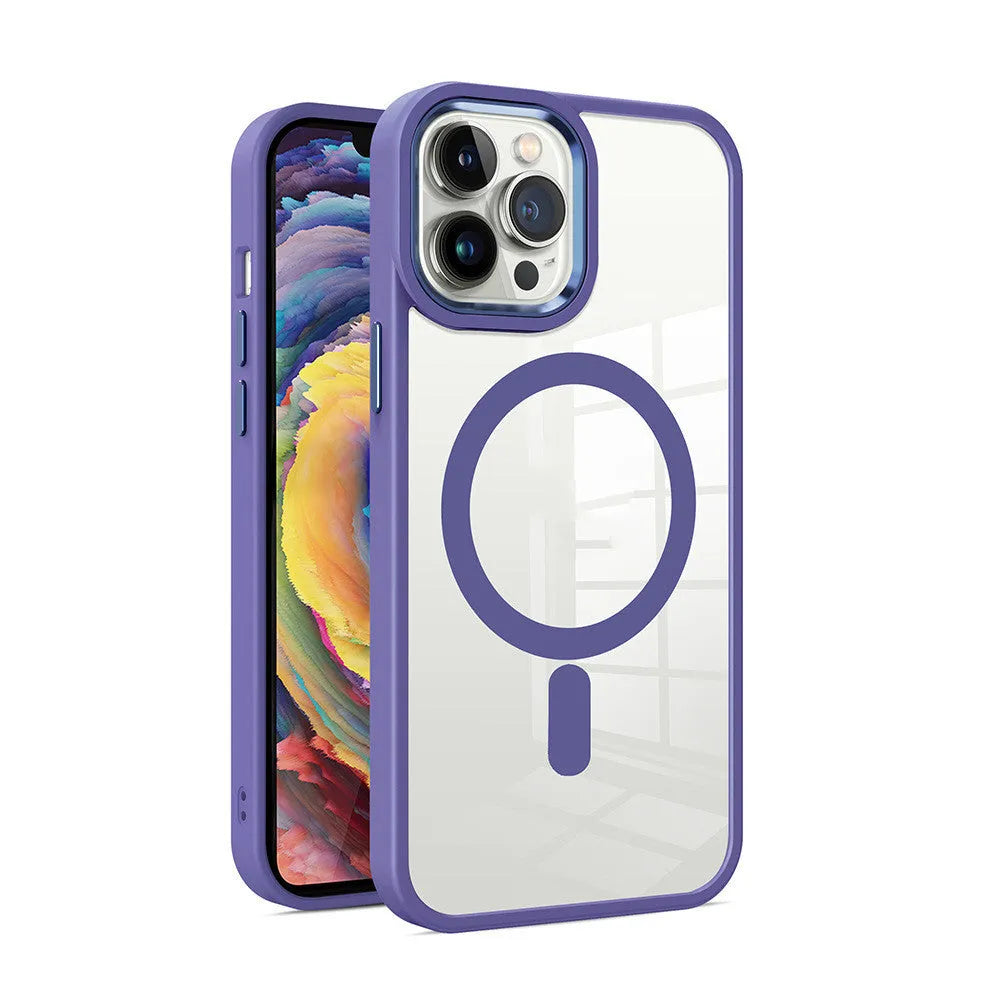 Magnetic transparent silicone phone case for iPhone in solid colours like black, blue, green, pink, and red.