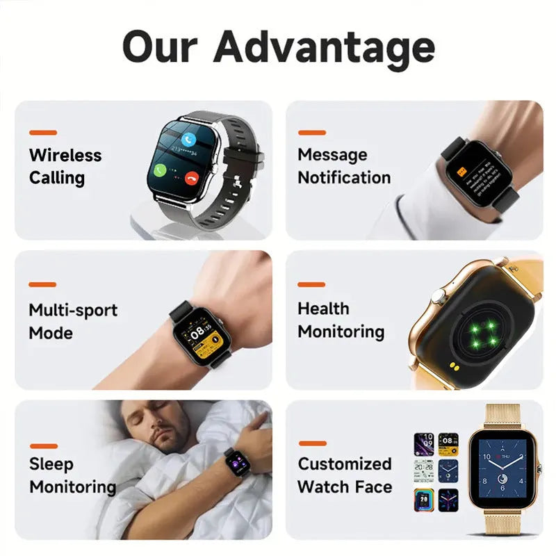 Smart watch with colour touch screen and silicone strap, showing Bluetooth call interface.