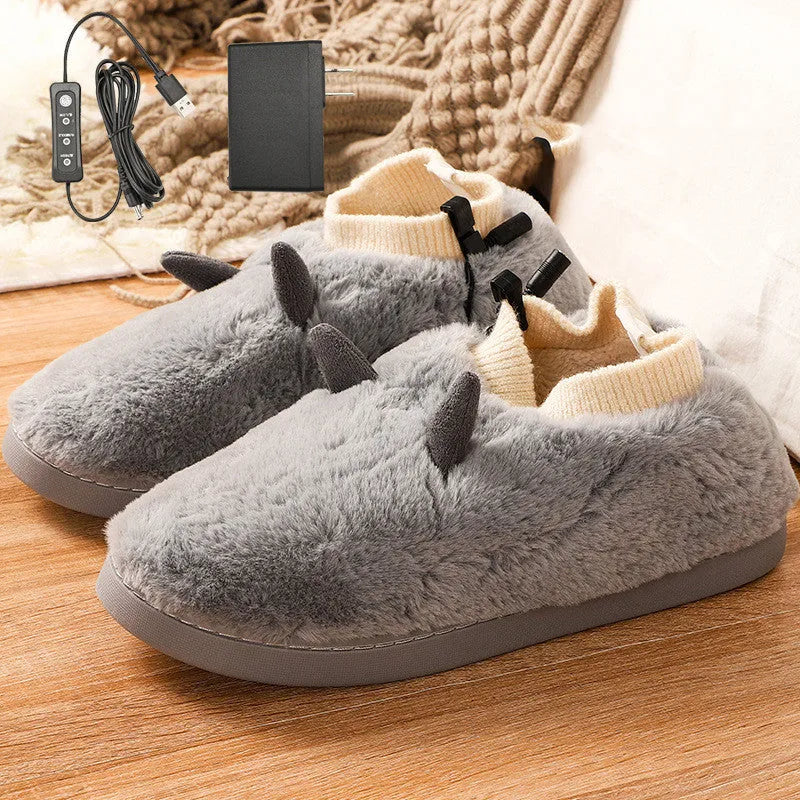 Plush velvet USB heating slippers with a USB cable and power converter, shown in taro purple colour.